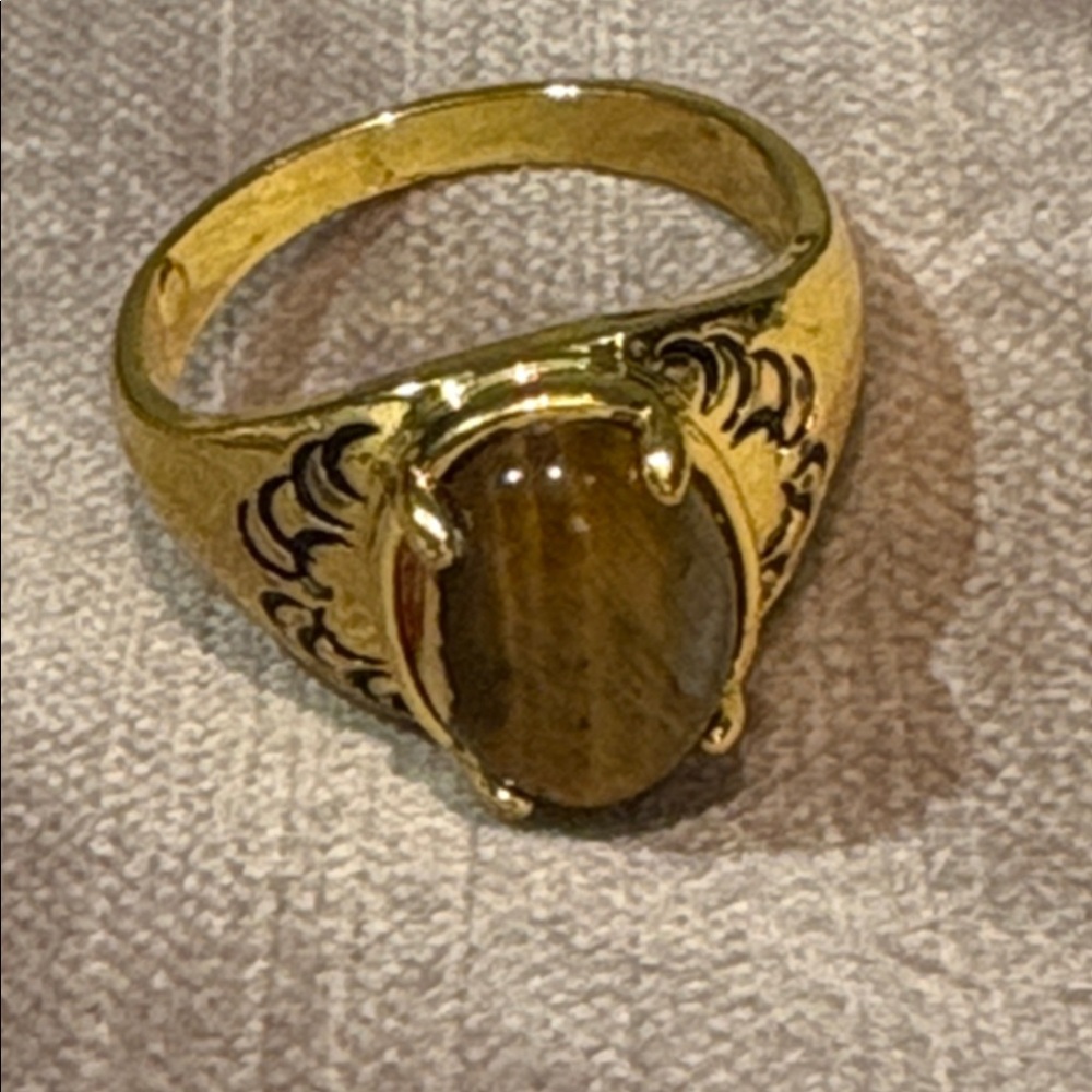 Vintage Gold Ring with Brown Tigers Eye Stone Size 12